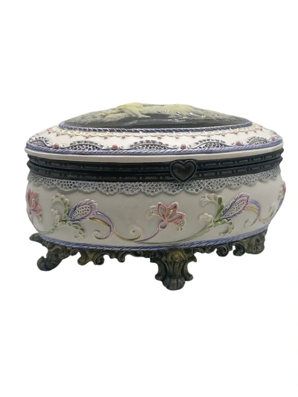 Vintage-Inspired Oval Trinket Music Jewelry Box with Cameo Scene - Cream & Black